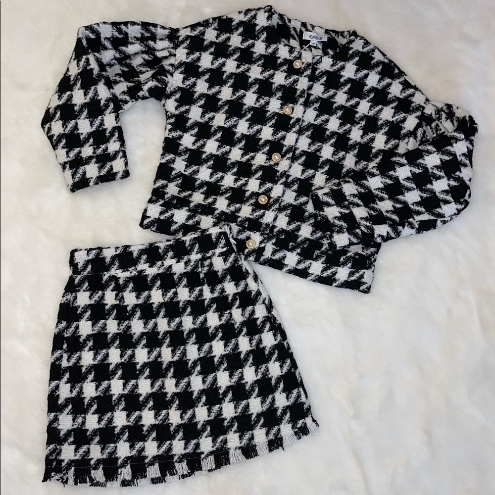 Black and white houndstooth jacket and skirt set